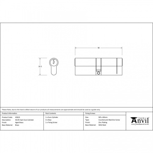 Aged Brass 45/45 5pin Euro Cylinder